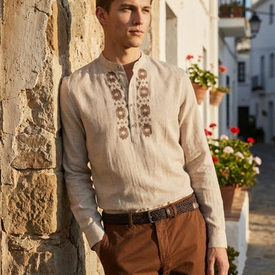 Men Cotton Beige Embroidered Shirt