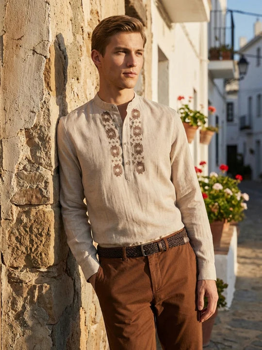 Men Cotton Beige Embroidered Shirt