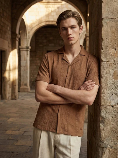Men Cotton Brown Embroidered Shirt
