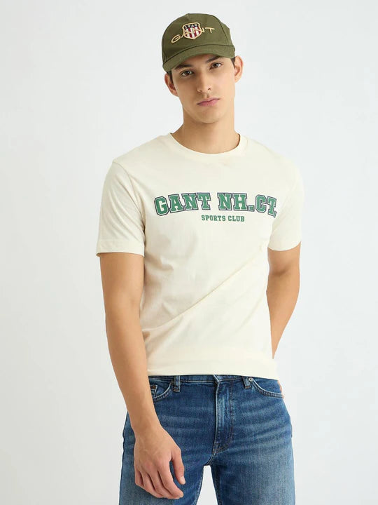 Men Cream Solid Crew Neck Tshirt
