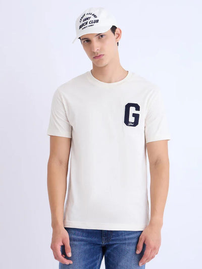 Men Cream Solid Crew Neck Tshirt