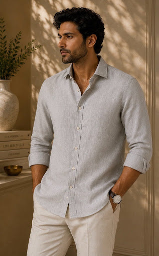 YASHA Premium Ash Grey Linen Shirt