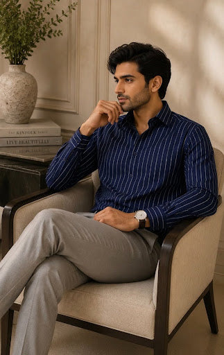 YASHA Premium Navy Pinstripe Formal Shirt