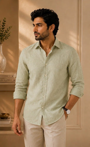 YASHA Premium Sage Green Linen Shirt