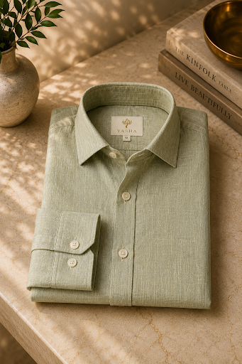 YASHA Premium Sage Green Linen Shirt