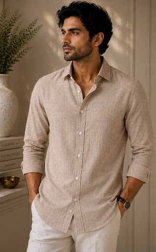 YASHA Premium Sand Brown Linen Shirt