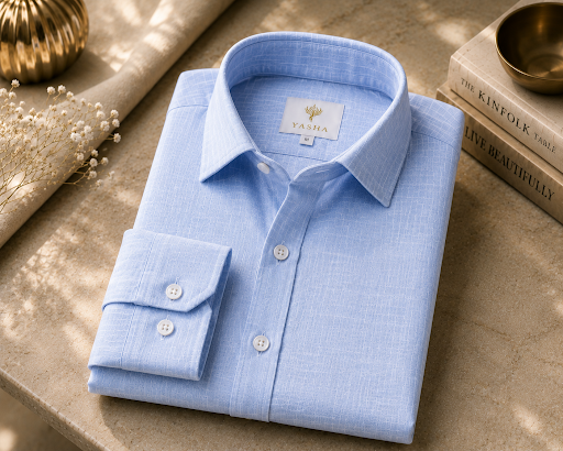 YASHA Premium Sky Blue Linen Shirt