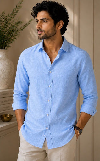 YASHA Premium Sky Blue Linen Shirt