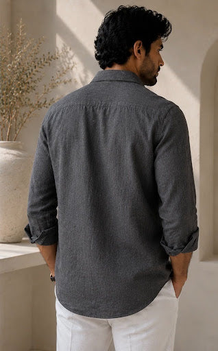 YASHA Premium Stone Grey Linen Shirt