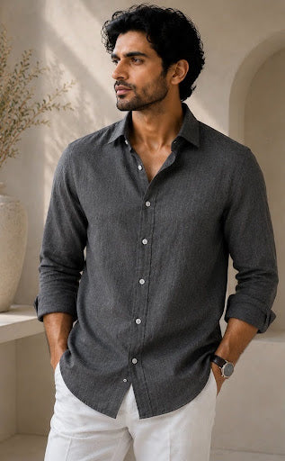 YASHA Premium Stone Grey Linen Shirt