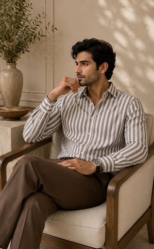YASHA Premium Taupe Stripe Linen Shirt