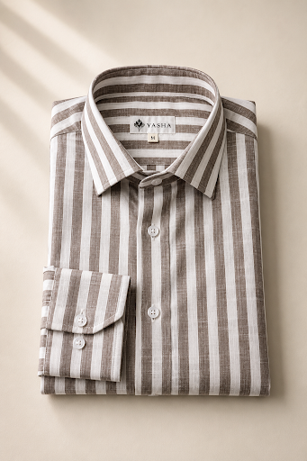 YASHA Premium Taupe Stripe Linen Shirt