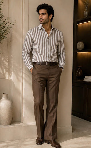 YASHA Premium Taupe Stripe Linen Shirt