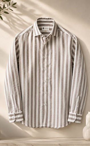 YASHA Premium Taupe Stripe Linen Shirt