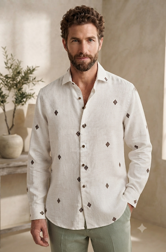 YASHA Premium Ivory Heritage Embroidered Shirt